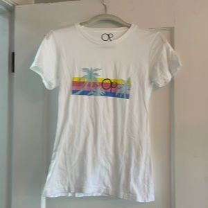 70s Surf OP tee with palms and rainbow stripe